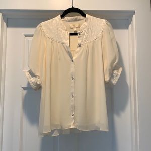 Anthropologie Cream chiffon shirt with rhinestone detail